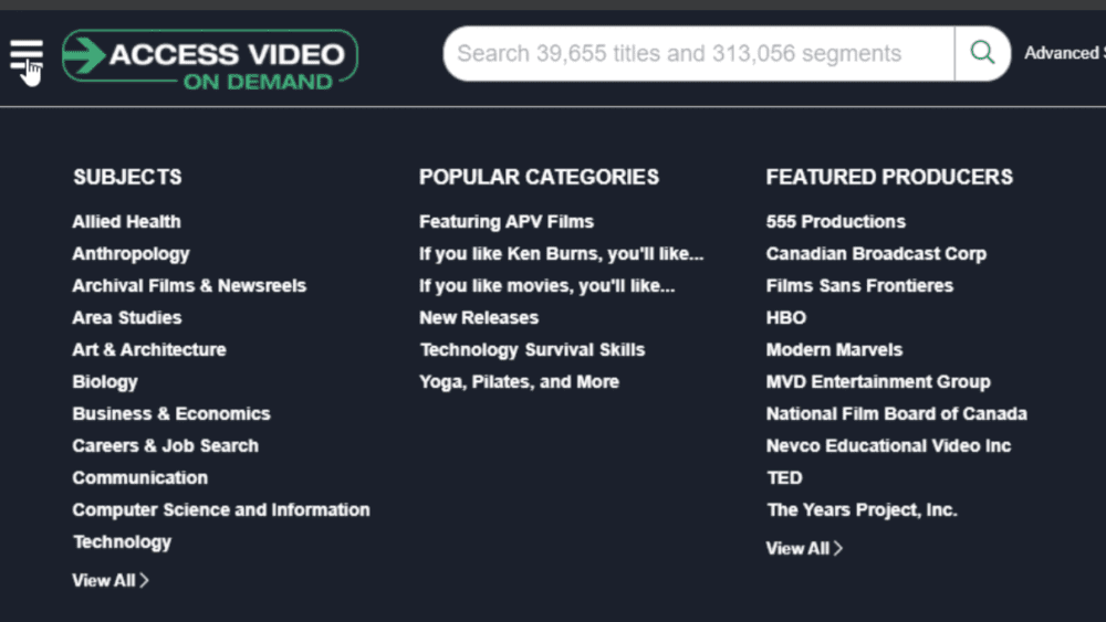 screenshot of Access Video On Demand's new taxonomy