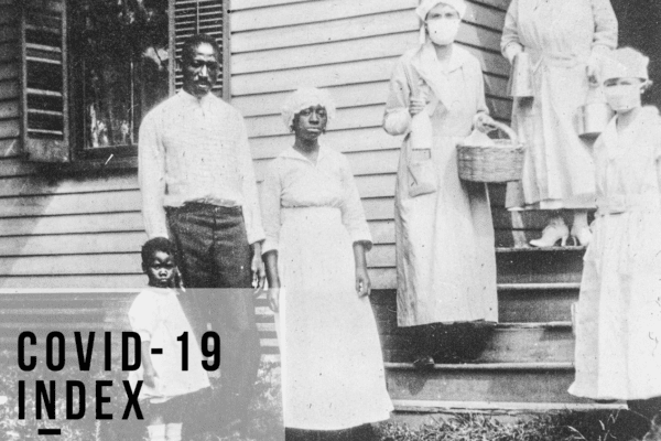 African-American family next to white nurses in masks, "COVID-19 Index, Now Collecting Archives by People of Color" superimposed