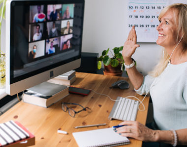 Teacher at blended learning class, teaching remotely