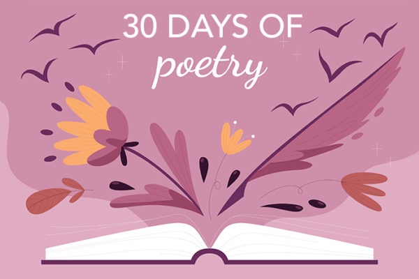 "30 days of poetry" with book, flower, and quill pen