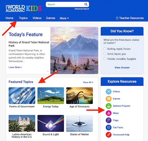 The World Almanac® for Kids home page with Topics pointed out with arrows