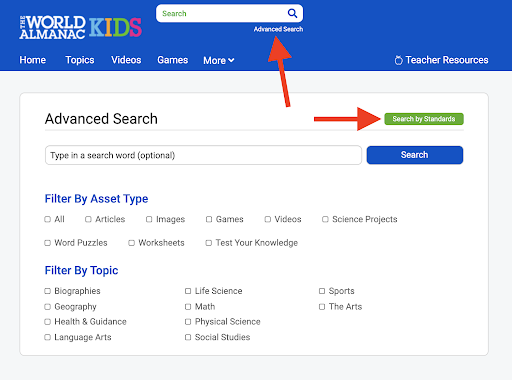 The World Almanac® for Kids' advanced search page, with Search by Standards