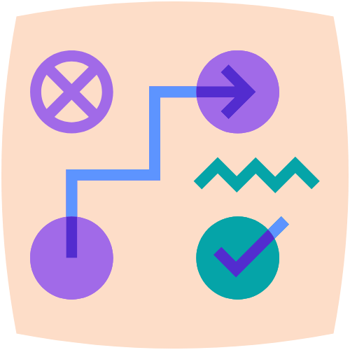 dots with arrows and checkmarks, representing problem solving