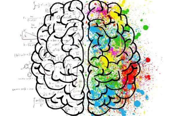 brain with equations in left hemisphere, splattered paint in right hemisphere