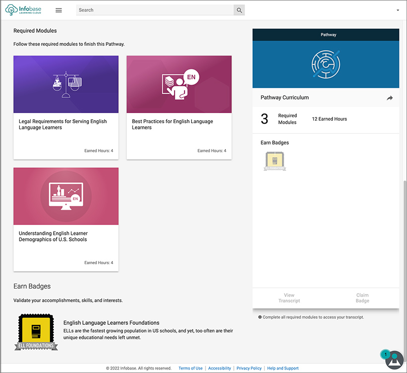 Badges that can be found on the Infobase Learning Cloud platform