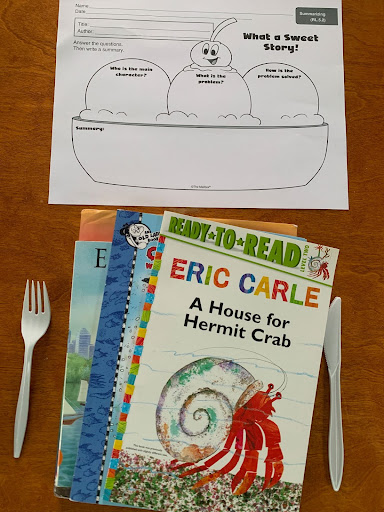 A "What a Sweet Story!" worksheet with children's books and a knife and fork, to represent book tastings