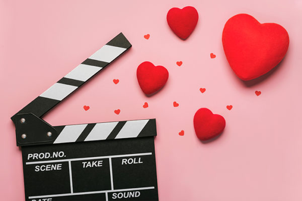 movie clapboard with hearts for Valentine's Day